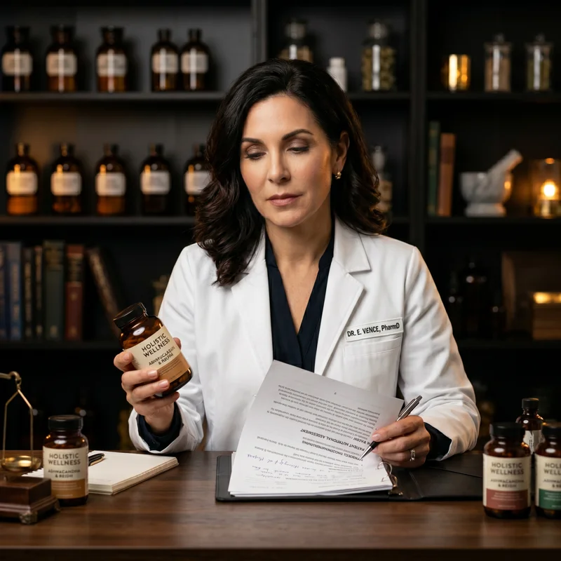 Holistic pharmacist reviewing supplement protocols