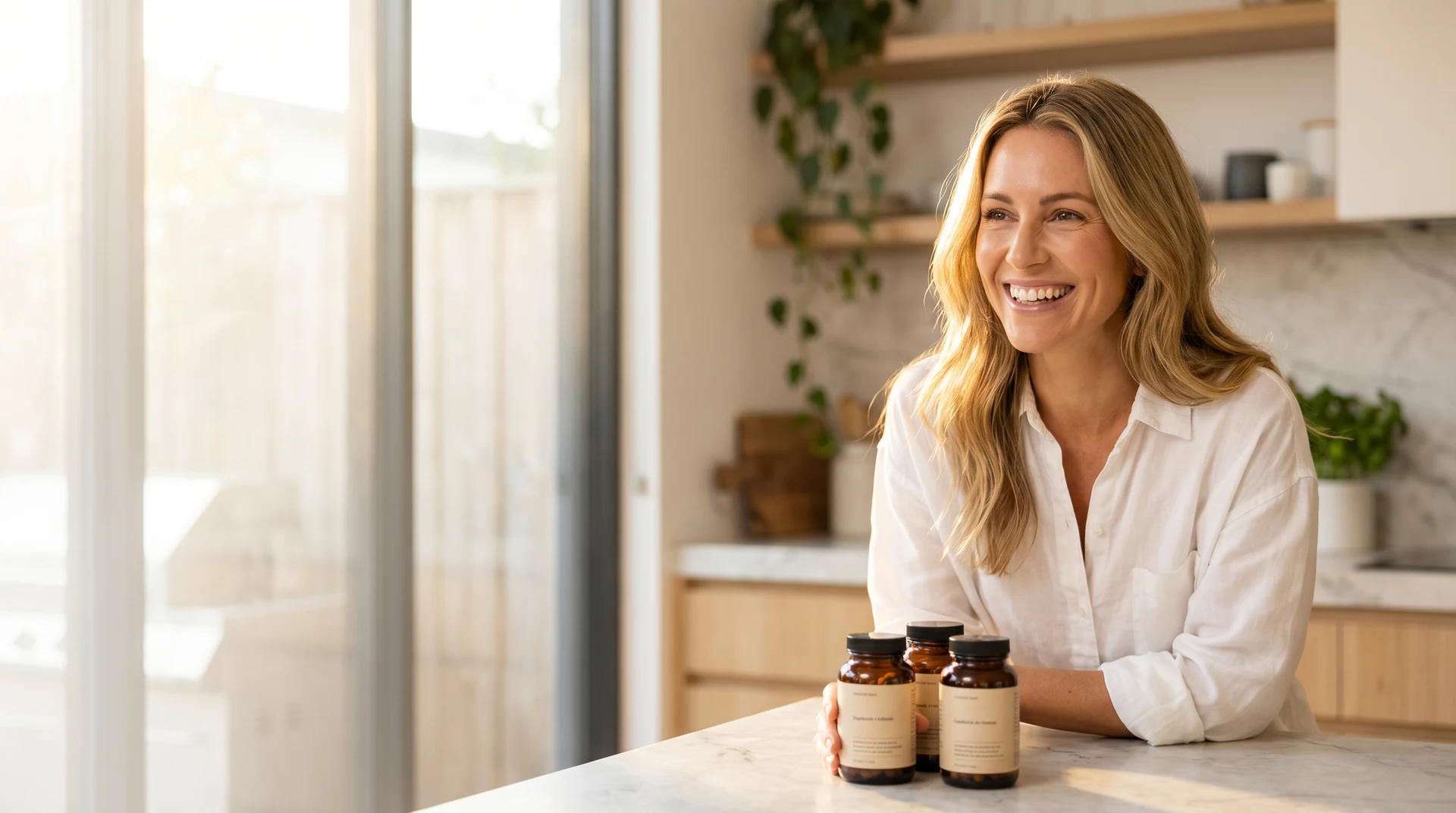 Healthy woman with premium supplements in a bright kitchen
