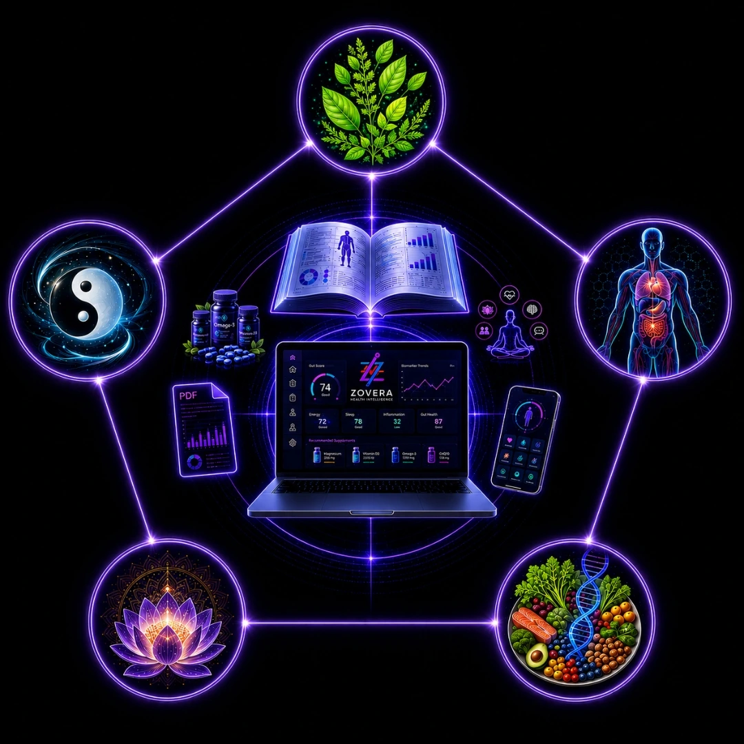 Zovera connects five clinical disciplines — Naturopathic Medicine, Functional Medicine, Registered Dietitian, Ayurvedic Principles, and Traditional Chinese Medicine — into one personalized protocol.